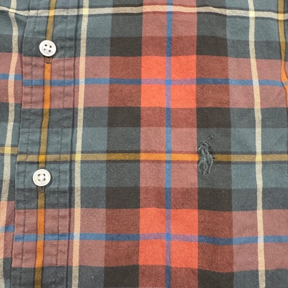 Polo Ralph Lauren Mens Custom Fit Plaid Button Down Shirt Orange Green Medium
